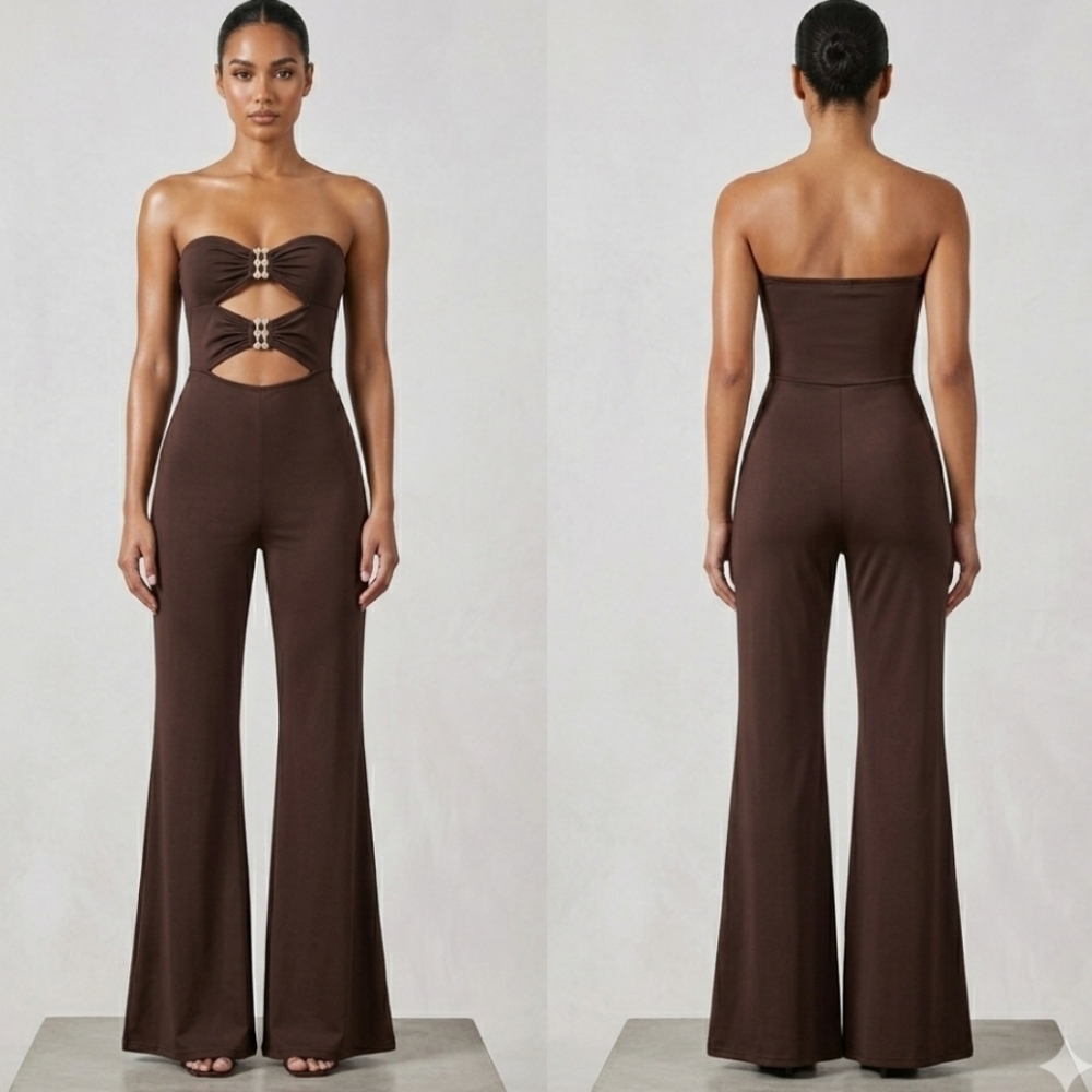 Chocolate Brown Rhinestone Cut-Out Wide Leg Jumpsuit - Strapless Y2K Glam